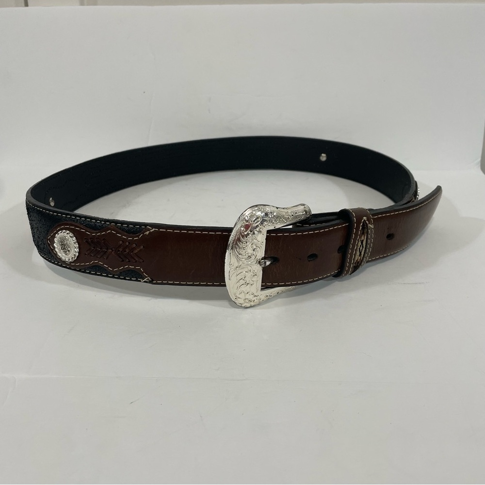 Nocona Western Genuine Leather With Silver Buckle Geometric Stitch Belt Size 38